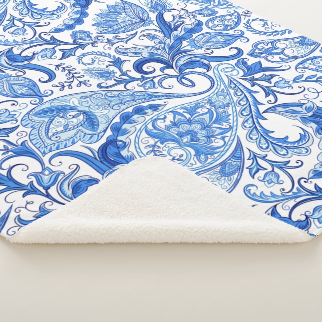 Wunderschönes blaues Floral Paisley Kunstmuster Sherpadecke (3/4)