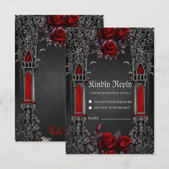 Wunderschönes dunkelgotisches Hochzeitsdesign. RSVP Karte (Vorne/Hinten)