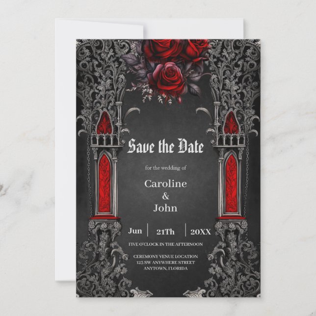 Wunderschönes dunkelgotisches Hochzeitsdesign Save The Date (Vorderseite)