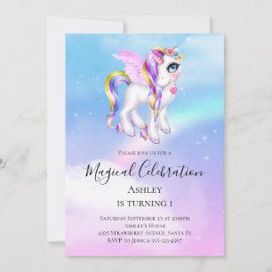 Wunderschönes Einhorn mit Regenbogenmähne zum Gebu Einladung