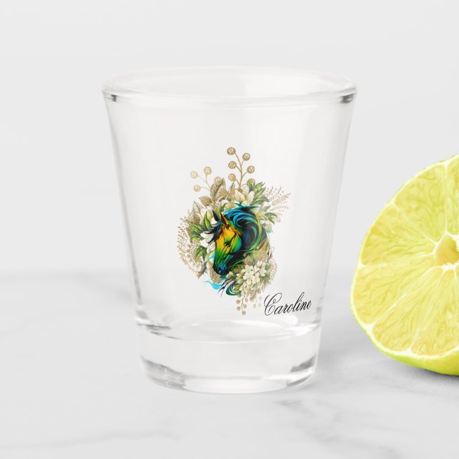 Wunderschönes, farbenfrohes Pferd mit Blume Schnapsglas (Vorderseite)