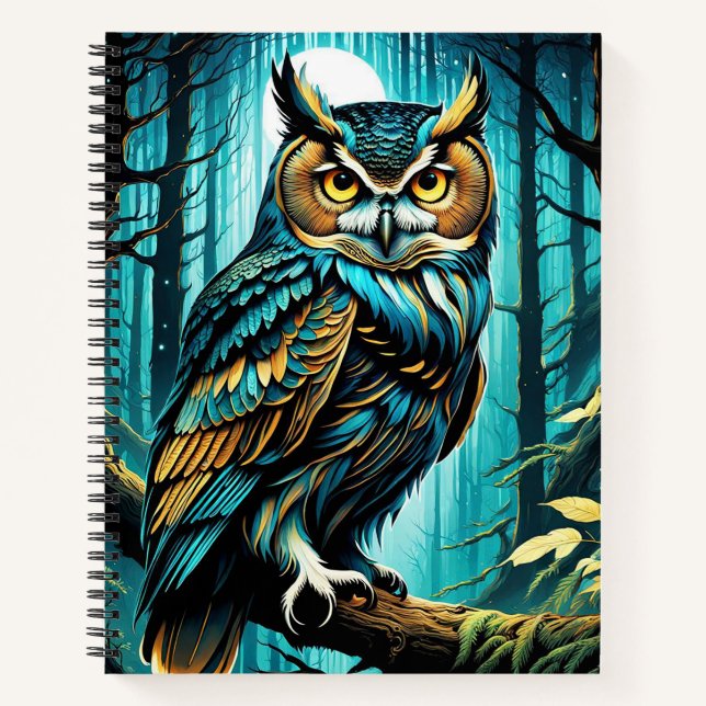 Wunderschönes, gekröntes Owl mit Bäumen und Vollmo Notizbuch (Vorderseite)