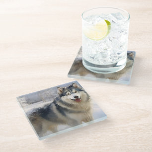 WUNDERSCHÖNES GEMÄLDE EINES ALASKAN MALAMUTE-HUNDE GLASUNTERSETZER