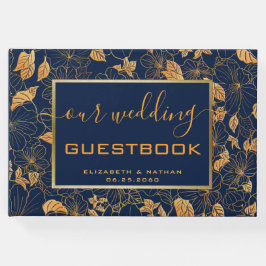 Wunderschönes Gold Floral Navy Blue Wedding Gästeb Gästebuch