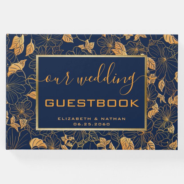 Wunderschönes Gold Floral Navy Blue Wedding Gästeb Gästebuch (Vorderseite)