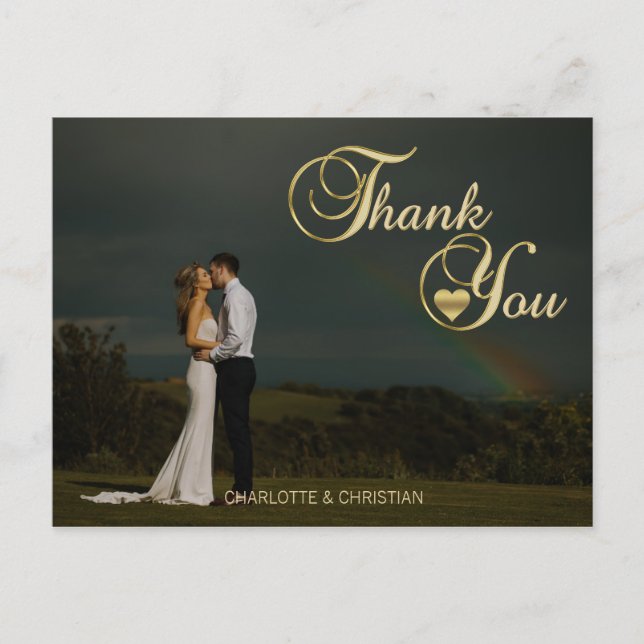 Wunderschönes Gold Heart Foto Hochzeit DANK Postkarte (Vorderseite)