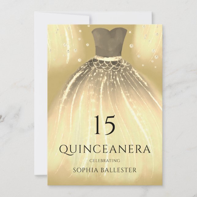 Wunderschönes Gold Mermaid Dress Quinceanera Party Einladung (Vorderseite)