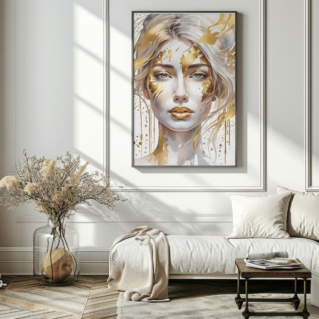 Wunderschönes Goldmedaille Abstrakt Watercolor Fra Poster (Beautiful Gold Abstract Watercolor Woman Poster in room)
