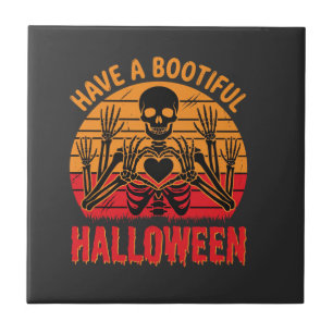 Wunderschönes Halloween-Skelett-Herz Retro-Sonnenu Fliese
