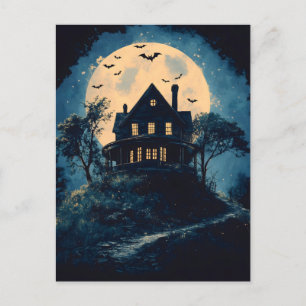 Wunderschönes Haus auf einem Hügel, Halloween-Konz Postkarte