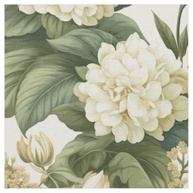 Wunderschönes klassisches, weißes Olivenblumenmust Stoff (Nahaufnahme)