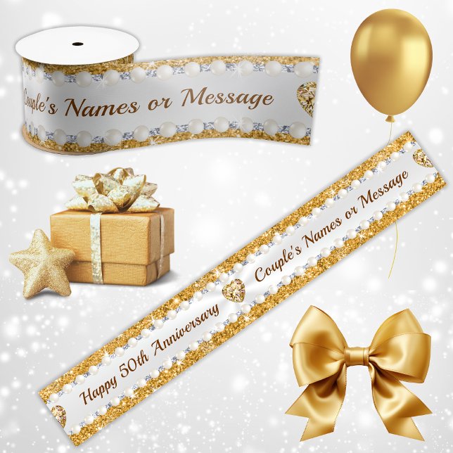 Wunderschönes Personalisiertes Ribbon, 50. Satinband (50th Wedding Anniversary Ribbons. 50th gift wrapping, Golden Anniversary Party Favors, Decorations.)