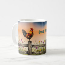 Wunderschönes Rooster über Zaun und Wildblumen Tas