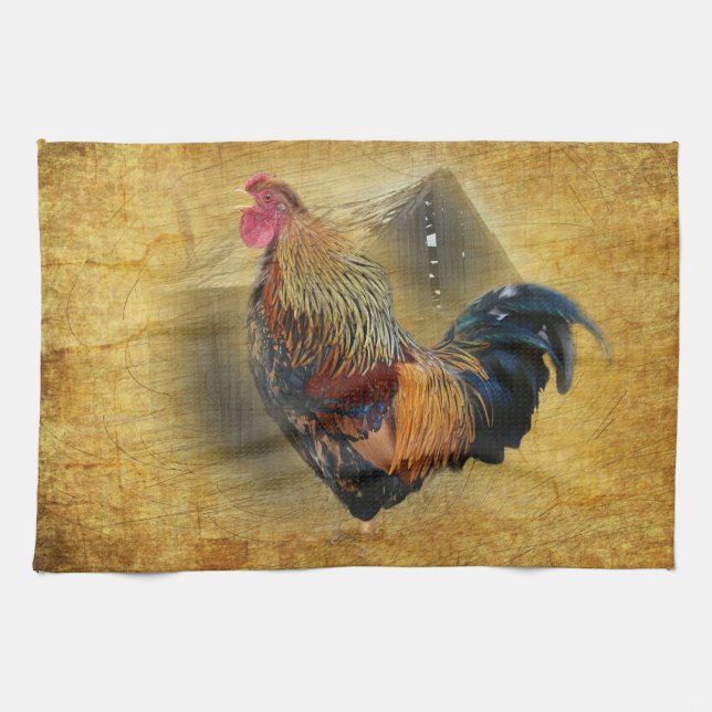 Wunderschönes Rooster und rustikales Hühnercoop Geschirrtuch (Horizontal)