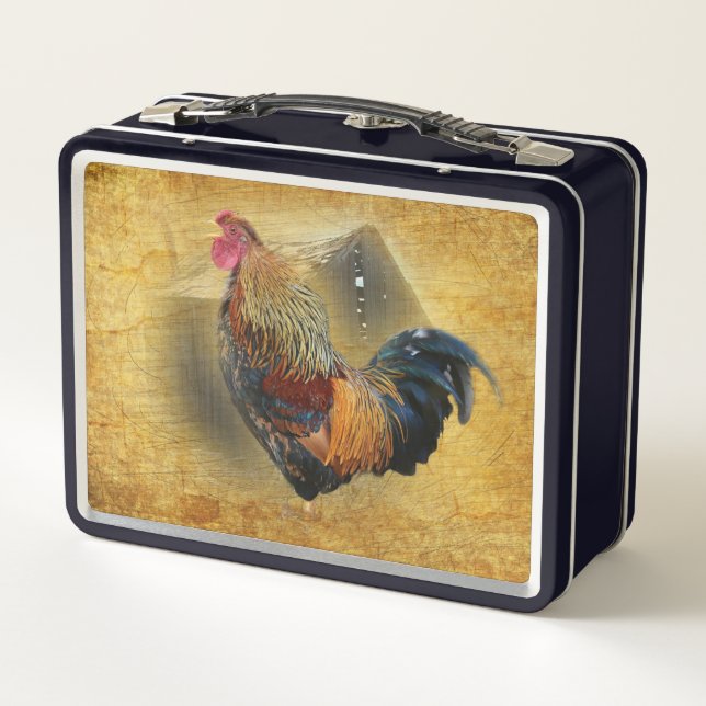 Wunderschönes Rooster und rustikales Hühnercoop Metall Brotdose (Rückseite)