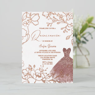 Wunderschönes Roségold-Blatt-Rosé-Kleid Quinceaner Folieneinladung