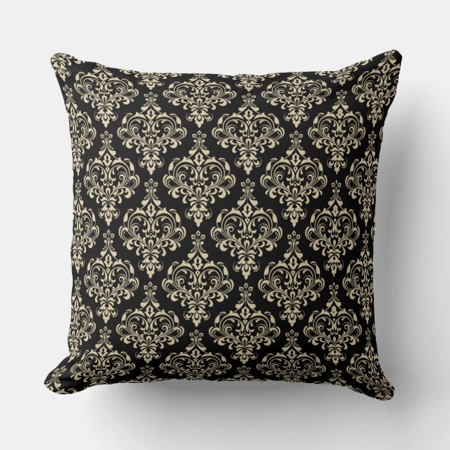 Wunderschönes Schwarz Klassisches elegantes Damask Kissen (Vorderseite)
