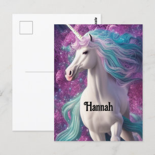 Wunderschönes weißes Einhorn mit Türkis und Lila   Postkarte