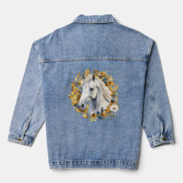 Wunderschönes weißes Pferd Gold Blumenstrauß Jeansjacke
