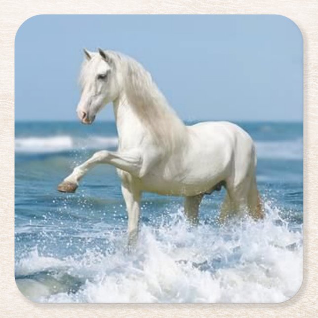 Wunderschönes Weißes Pferd im Wasser Rechteckiger Pappuntersetzer (Vorderseite)