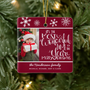 Wundervolle Zeit & Frohe Weihnachten Foto Burgund Keramikornament