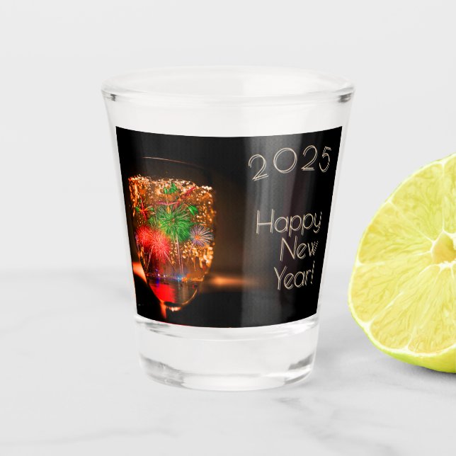 Wünsche 2026 mit Feuerwerk und Blasen Schnapsglas (Vorderseite)