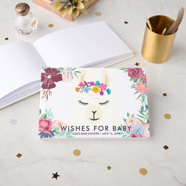 Wünsche für Baby | Floral Llama Baby Dusche Gästebuch (Vorderseite Offen)