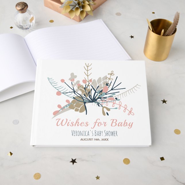 Wünsche für Baby Peach Pastel Botanical Baby Showr Gästebuch (Vorderseite Offen)