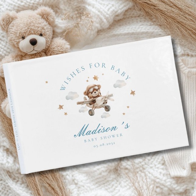 Wünsche für Baby! Teddy Bear & Airplane Gästebuch (Personalized "Wishes for Baby!" Baby Shower, White Guest Book. For Baby Boy.)