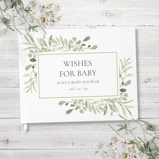Wünsche für Baby Watercolor Greenerity Gold Dusche Gästebuch (Wishes for Baby Watercolour Greenery Gold Shower Guest Book)
