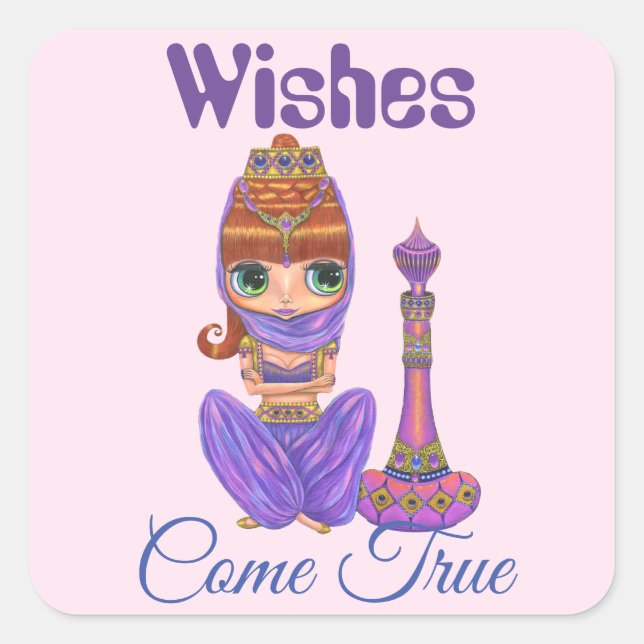 Wünsche Kommen Sie Lila Genie Girl Magic Flasche Quadratischer Aufkleber (Vorderseite)