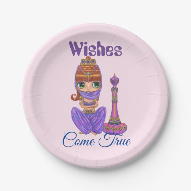Wünsche Kommen Sie Lila Genie Girl Magie Flasche Pappteller (Vorderseite)