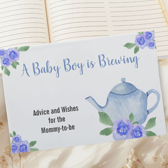 Wünsche und Ratschläge Blue Teapot Boy Baby Dusche Gästebuch (Baby is Brewing Baby Shower Guest Book with Blue Teapot and Flowers)