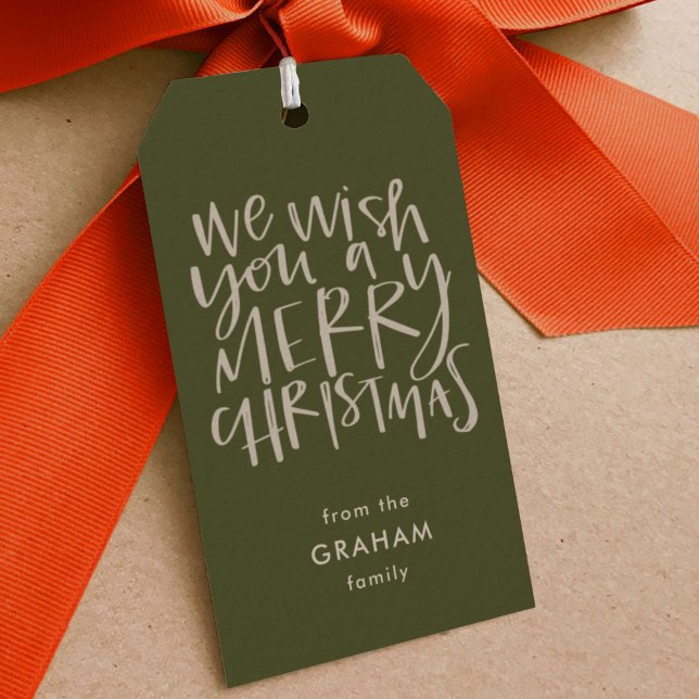 "Wünschen Sie ein frohes Weihnachten" Evergreen Ge Geschenkanhänger (We Wish You A Merry Christmas hand lettered carol green holiday gift tag.)
