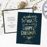 Wünschen Sie frohe Weihnachten Blue Gold Non Foto Folien Feiertagspostkarte<br><div class="desc">Wünschen Sie frohe Weihnachten Blue Gold Script Non Foto Real Foil Holiday Postcard. Mit dieser festlichen und modernen Urlaubskarte senden Sie Ihren Lieben eine Urlaubskarte. Alle Texte sind so vorbereitet,  dass Sie sie einfach und schnell mit Ihren eigenen Details personalisieren können. Gute Ferien!</div>