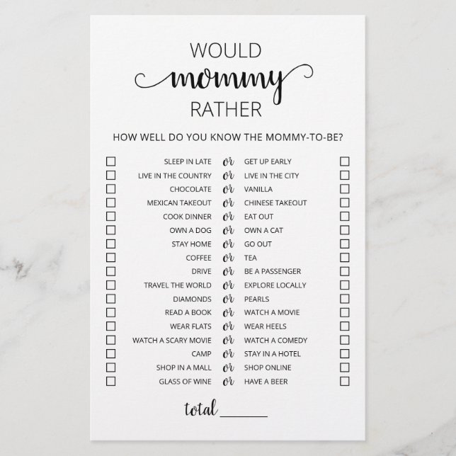 Würde Mommy eher Baby Shower Game (Vorderseite)
