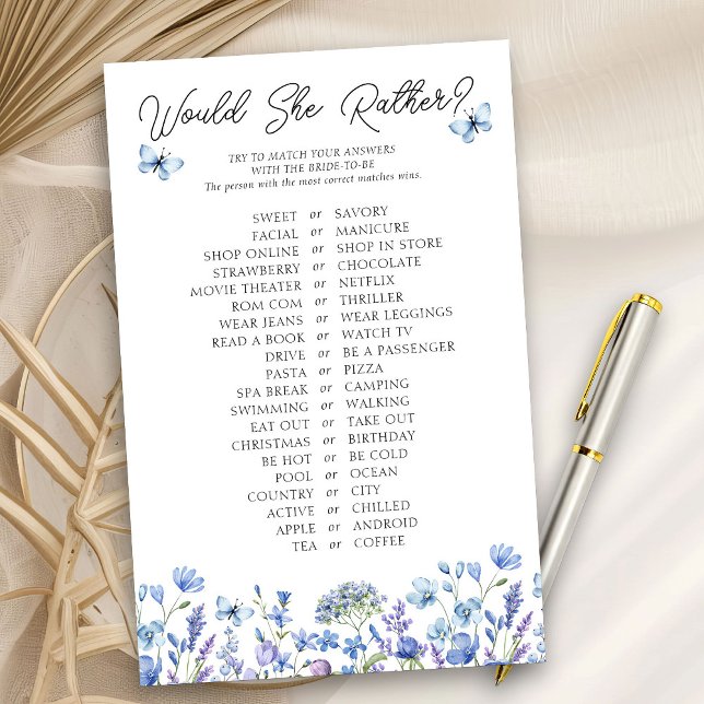 Würde sie eher blaues Wildblume Duschspiel (Would She Rather? game cards from my Blue Wildflower Bridal Shower Collection
)