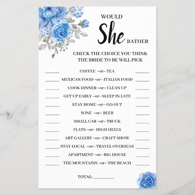 Würde sie eher BlueFlower Brautparty GameCard Flyer (Vorne)