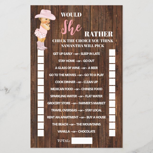 Würde sie eher Cowgirl Baby Duschkarte Flyer (Vorne)