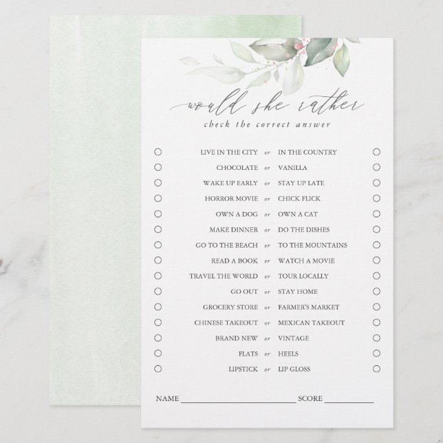 Würde sie eher Greenery Blätter Bridal Game (Vorne/Hinten)