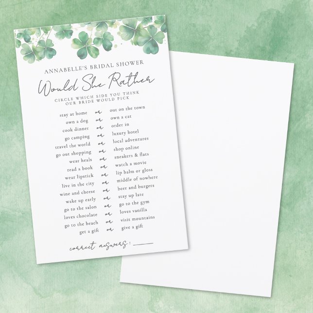 Würde sie eher Kleeblatt Brautparty Game (Would She Rather Shamrock Bridal Shower Game)