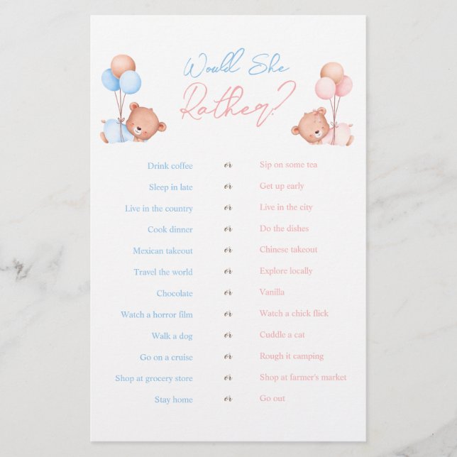 Würde sie lieber Boy Girl Twins Teddy Bear Game Flyer (Vorne)