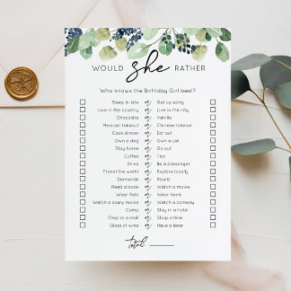 Würde sie lieber Geburtstagsparty-Spielkarte Einladung