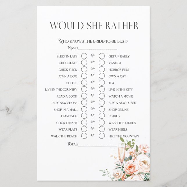 Würde sie lieber Petals und Prosecco Bridal Spiel (Vorderseite)