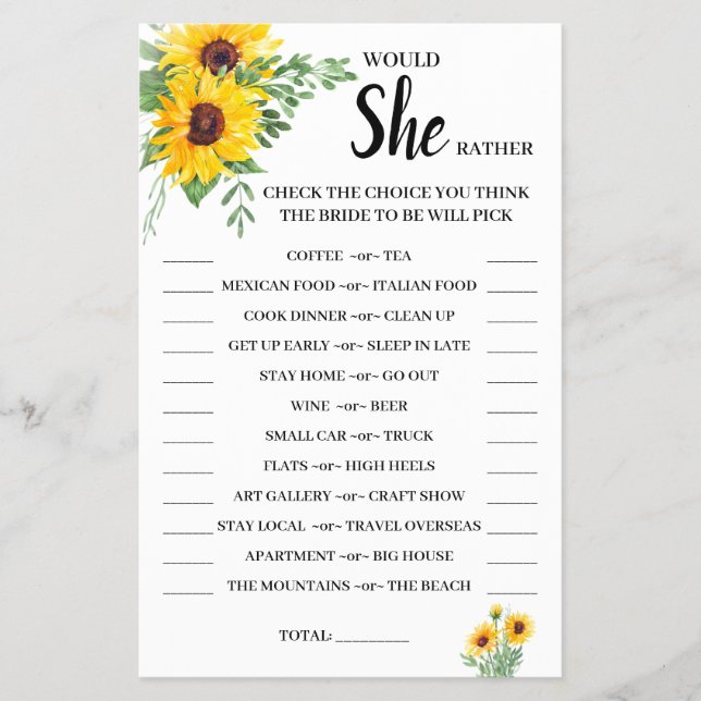 Würde sie lieber Sonnenblumen-Brautparty-Spielkart Flyer (Vorne)