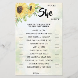 Würde sie lieber Sonnenblumen-Brautparty-Spielkart Flyer