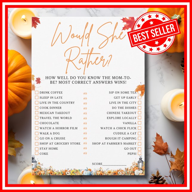 WÜRDE SIE RATHER Baby Shower Game WENIG PUMPKIN Einladung (WOULD SHE RATHER Easy Baby Shower Game A Little Pumpkin is on the Way Fall Autumn Theme)