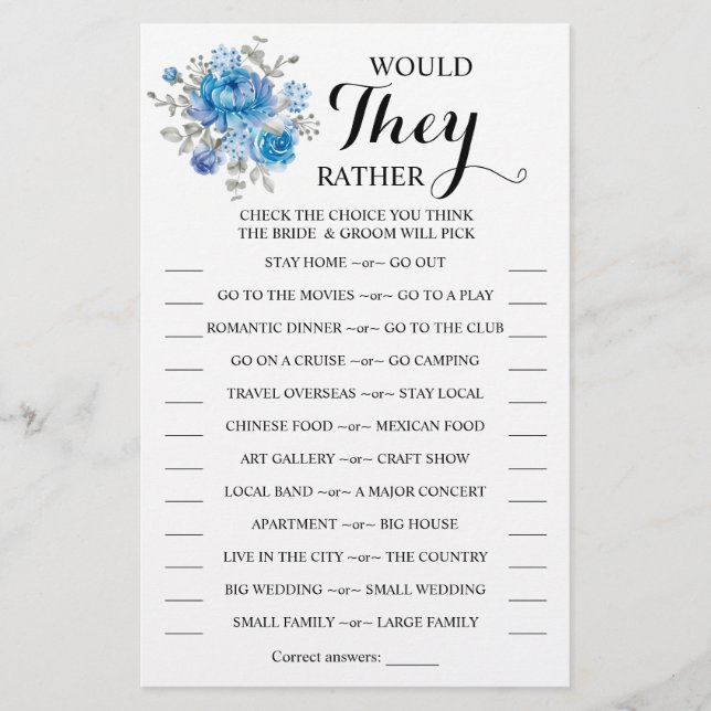 Würden sie eher blaue Blume Duschspielkarte Flyer (Vorne)