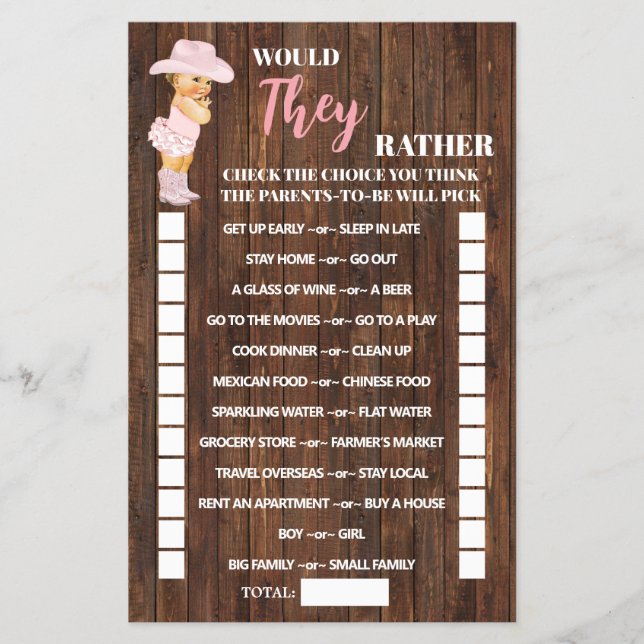 Würden sie eher Cowgirl Baby Showspielkarte Flyer (Vorne)