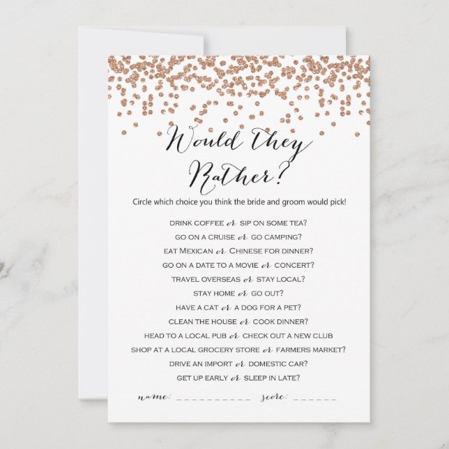 Würden sie eher Rose Gold Brautparty Game 12x18 Einladung (Vorderseite)